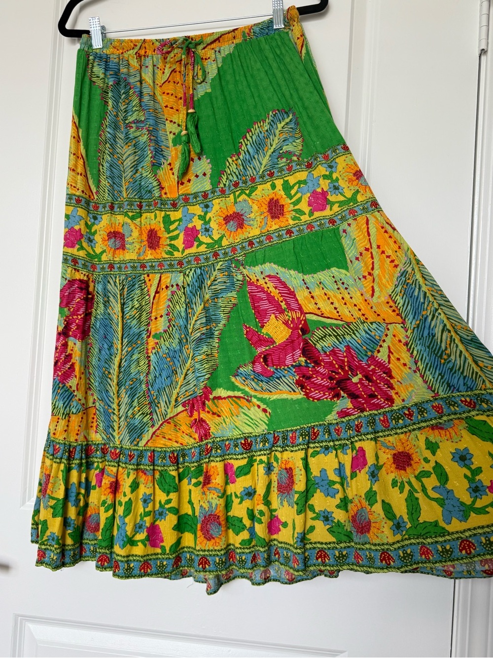 Cynthia Rowley Boho Floral Tiered Maxi Skirt, Green/Yellow, Size M